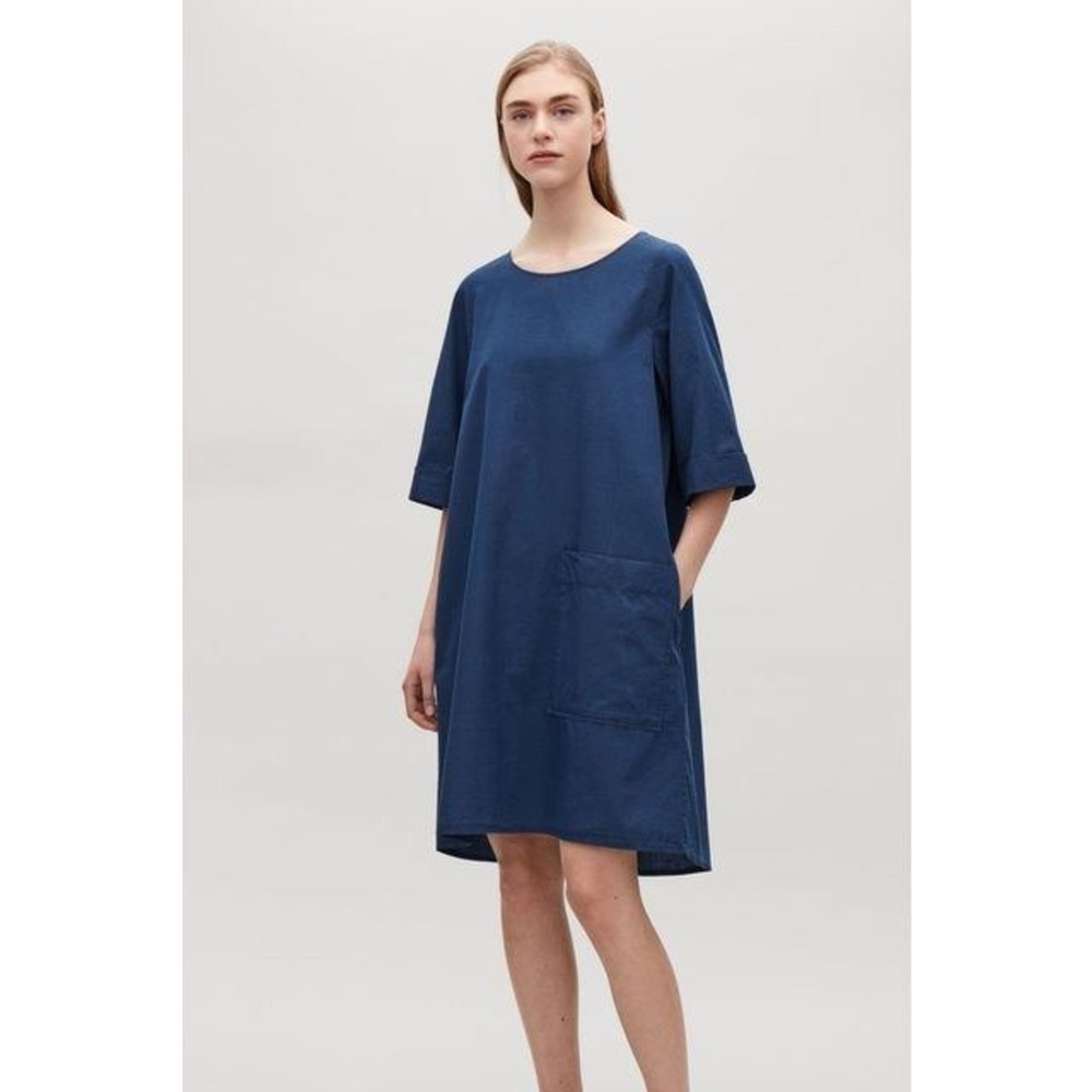 COS Lightweight Denim Dress Navy Blue Cotton Shift Pockets EU 38 Med Minimalist